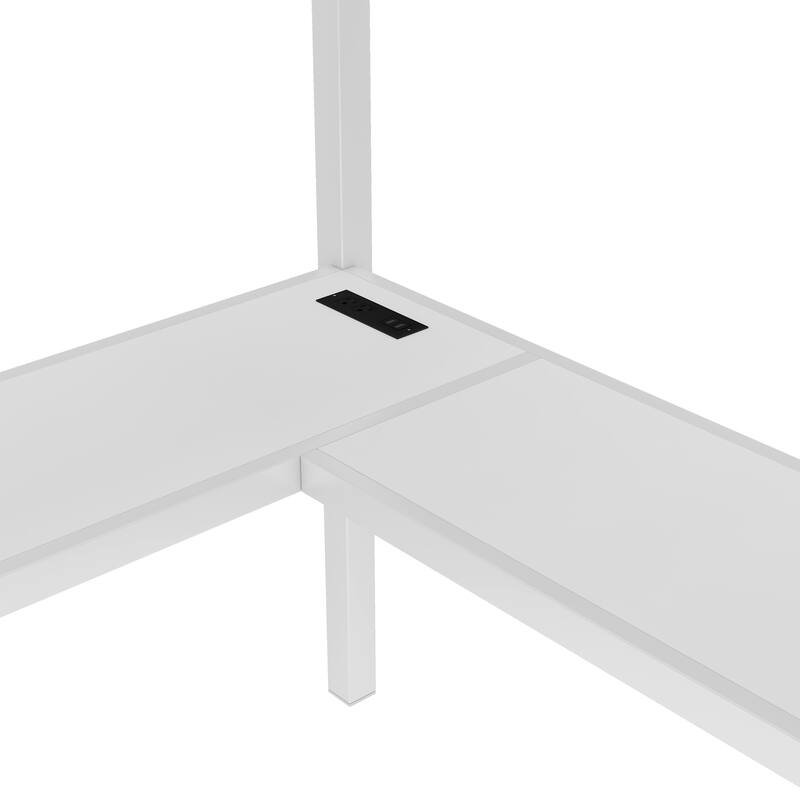 Roomfitters Queen Size Metal Loft Bed with L-Shaped Desk, USB Ports, LED Lighting & Adjustable Shelves, White