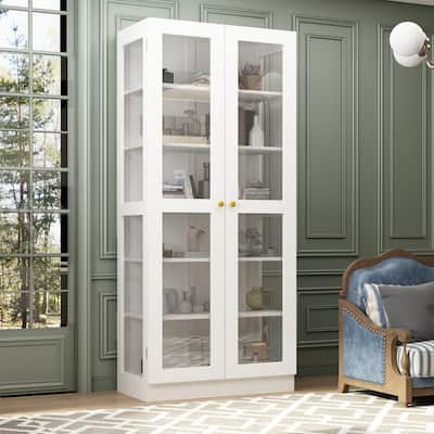 Bookcase Display Cupboard Curio Cabinet 2 Glass Door White Lacquer - 70.9"Hx31.5"W