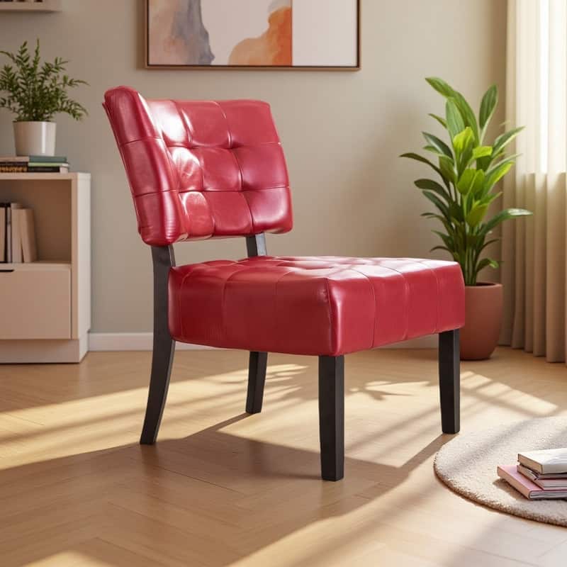 Faux Leather Tufted Accent Chair with Oversized Seating and Wooden Legs