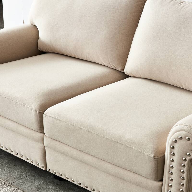 Linen Fabric Upholstered Sofa with Storage, 3-Seater Couch with Solid Wood Frame, Round Arms, and Removable Cushion Cover
