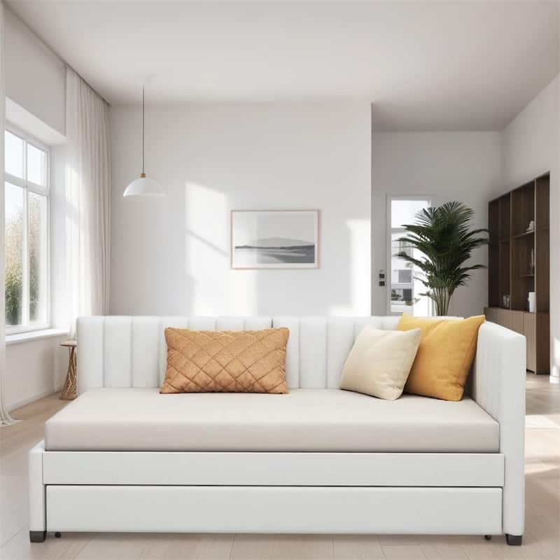 Twin Size Upholstered Sofa Bed Frame with Trundle - Beige