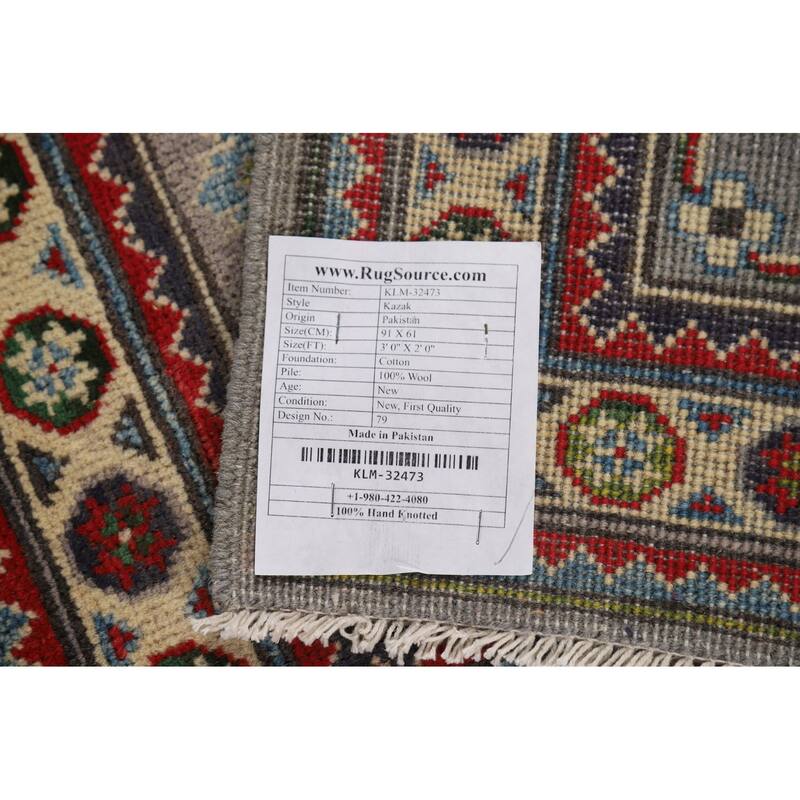 Geometric Kazak Oriental Accent Rug Grey Hand-Knotted Wool Carpet - 2'0" x 3'0"