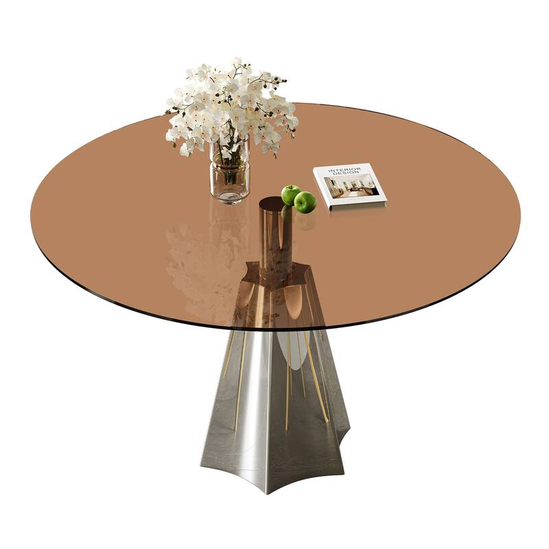 Compact Round Dining Table, Black Glass Top & Silver Flared Base