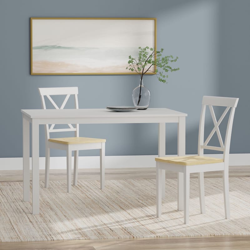 3-Piece Dining Set, 48" Rectangle Wood Table and X-Back Chairs - White Table + White/Natural Chairs