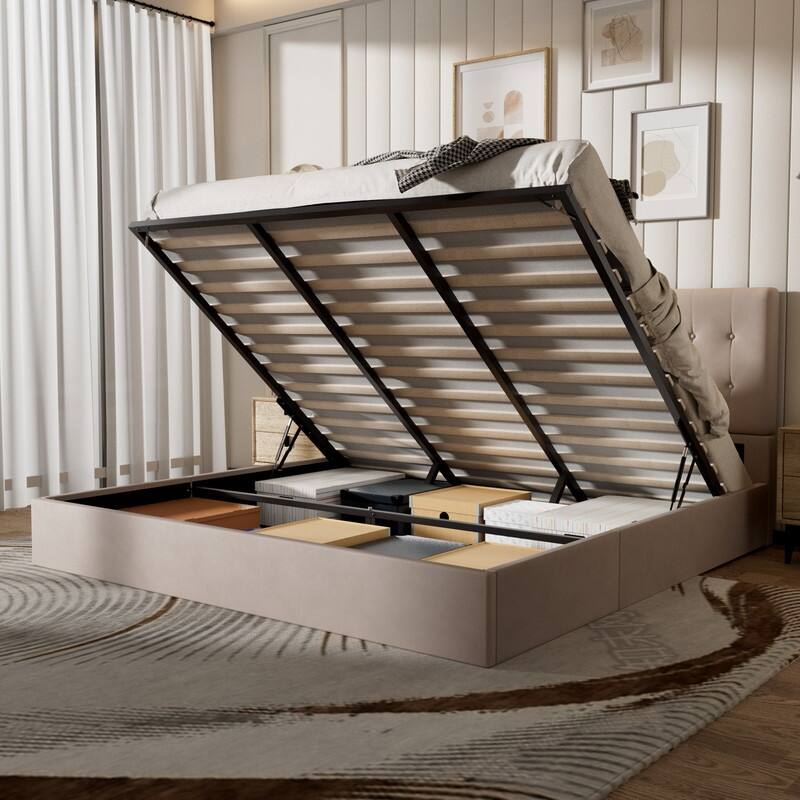 Plywood Frame Upholstered Platform Bed with Lift-up Storage
