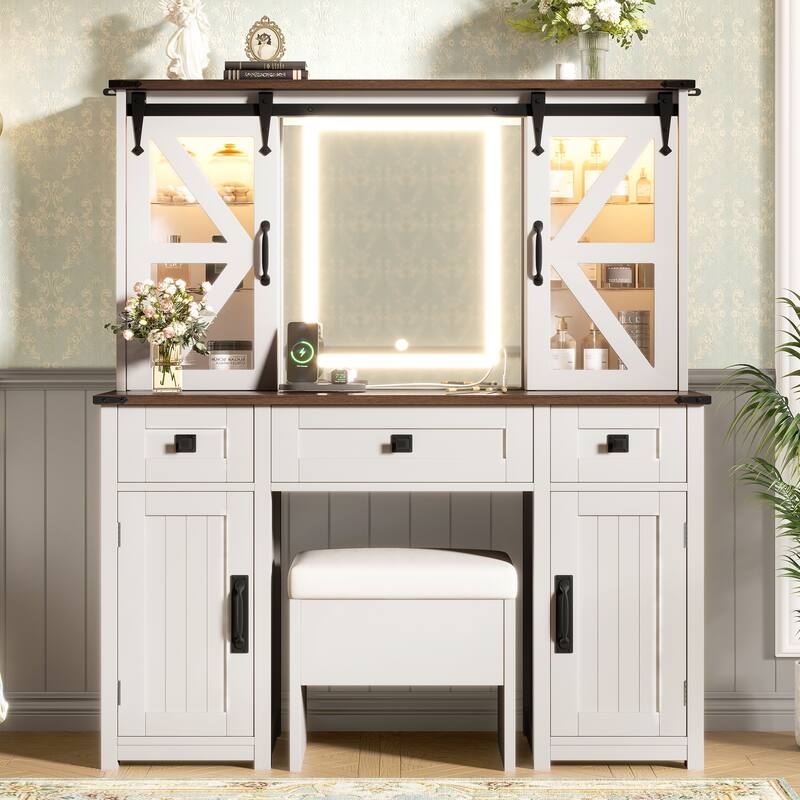 Vanity Desk with Lighted Mirror, Storage Stool & Charging Station, Dressing Table with Hidden Shelves, 3 Drawers & 4 Cabinets - Beige