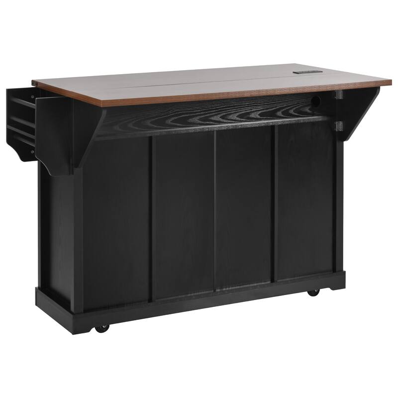 Rolling Kitchen Island Storage Table on 5 Wheels with Sliding Barn Door, Metal Grid Door, Spice Rack, Glass Holders, Drop Leaf