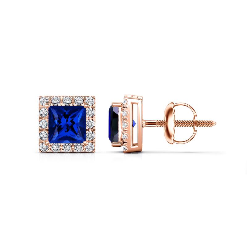 Auriya 14k Gold Lab Grown Gemstone Blue Sapphire Stud Earrings Princess 0.25 to 5.00 ct. tw. Halo Screw-Back - 0.25ct tgw. - Rose