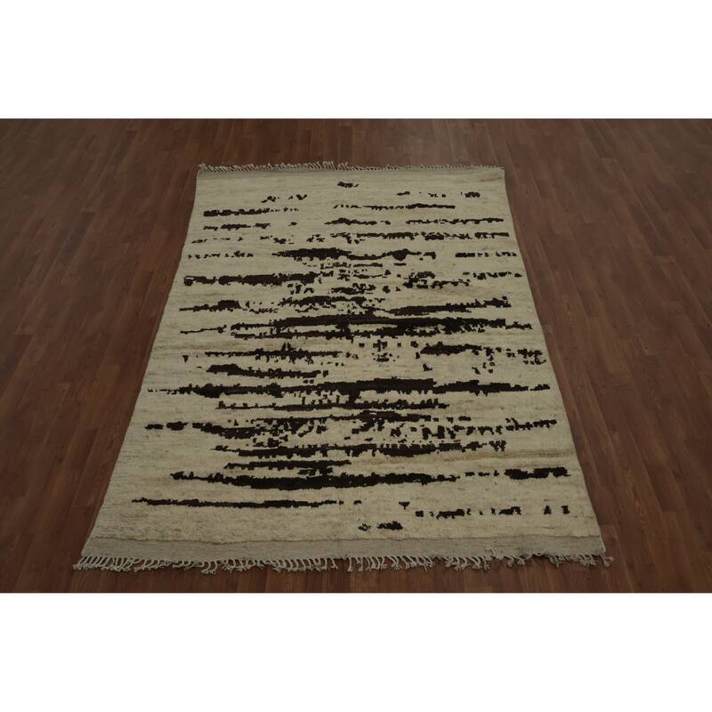 Hand Knotted Oriental 100% Wool Carpet Modern Abstract Beige & Ivories Moroccan Area Rug - 8' 2'' X 5' 3''