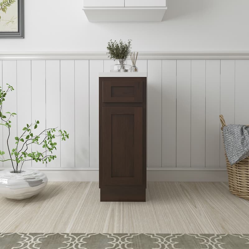 Vanity Art 12 Inch Bathroom Vanity Base Cabinet Single Right Offset Solid Wood Small Bathroom Storage Floor Cabinet - Brown