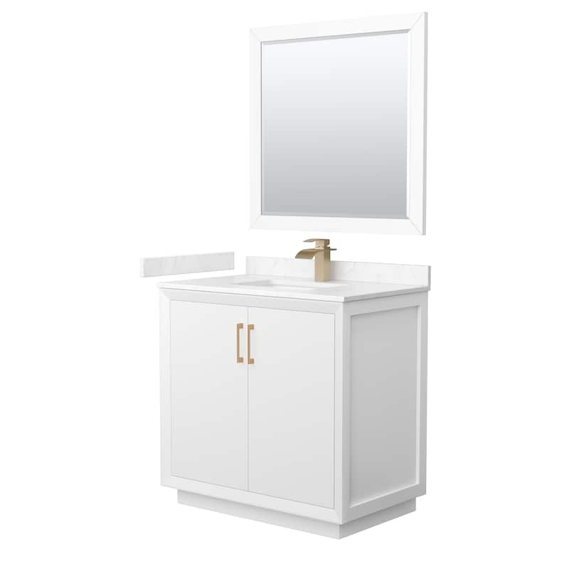 Strada 36-Inch Single Vanity Set, Cultured Marble Top, 34-Inch Mirror - White, Bronze Trim, Carrara Cultured Marble Top