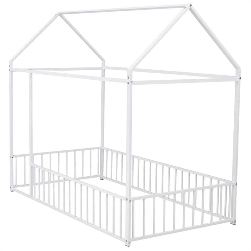 Twin Size Metal Bed House Bed Frame with Fence