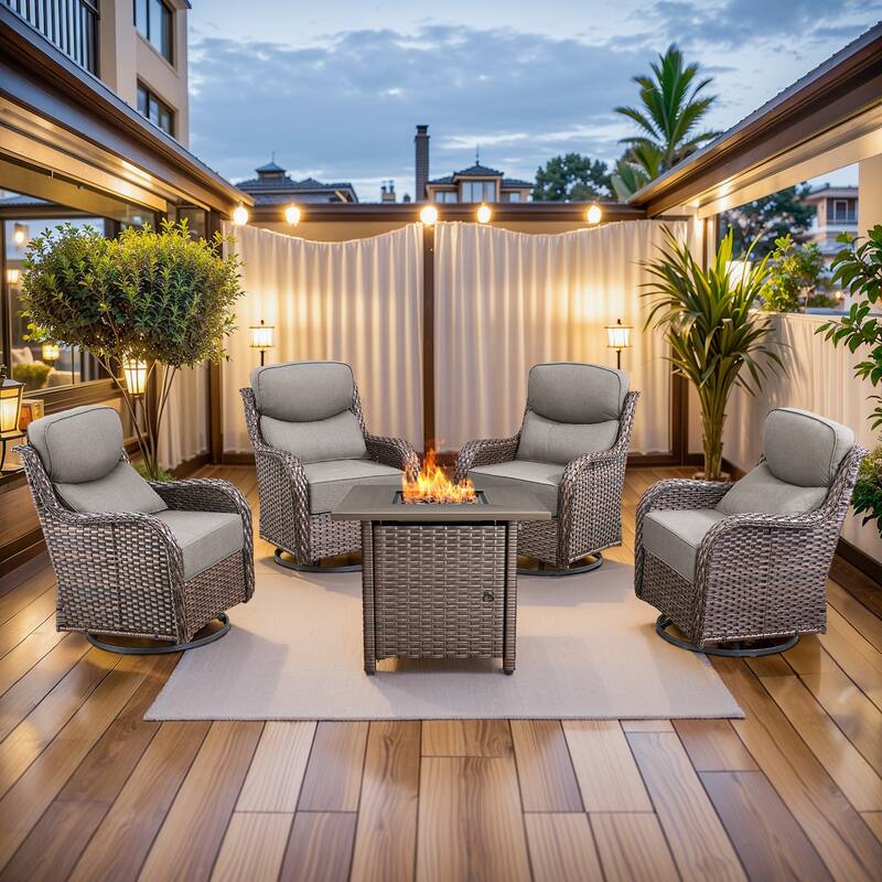 Pocassy Outdoor 6" Swivel Chairs with Fire Pit Table - 5 Pieces Swivel Chair with Fire Table - Brown Wicker Gray Cushion