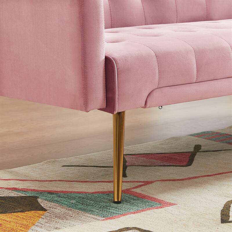 Adjustable Sleeper Sofa Bed Velvet Convertible Sofa w/Pillows, Pink