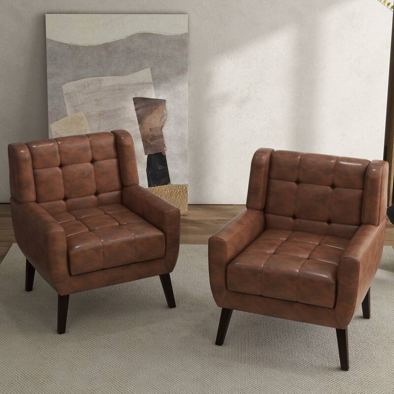 Tufted Wingback Accent Chairs Linen/Faux Leather/Velvet Armchairs Set of 2