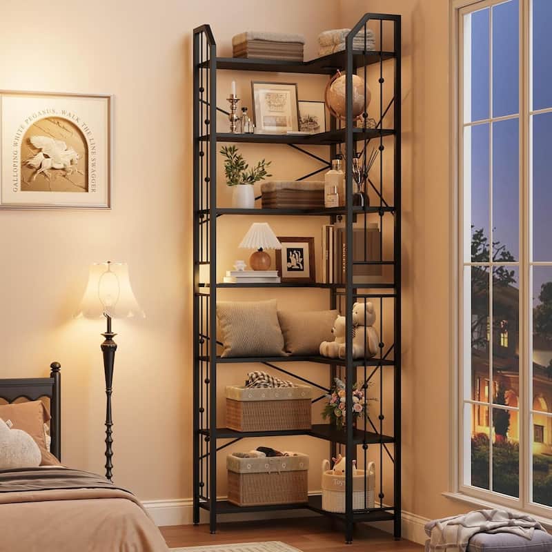 86" 7 Tier Industrial Corner Bookshelf, L-Shaped Bookcase - N/A