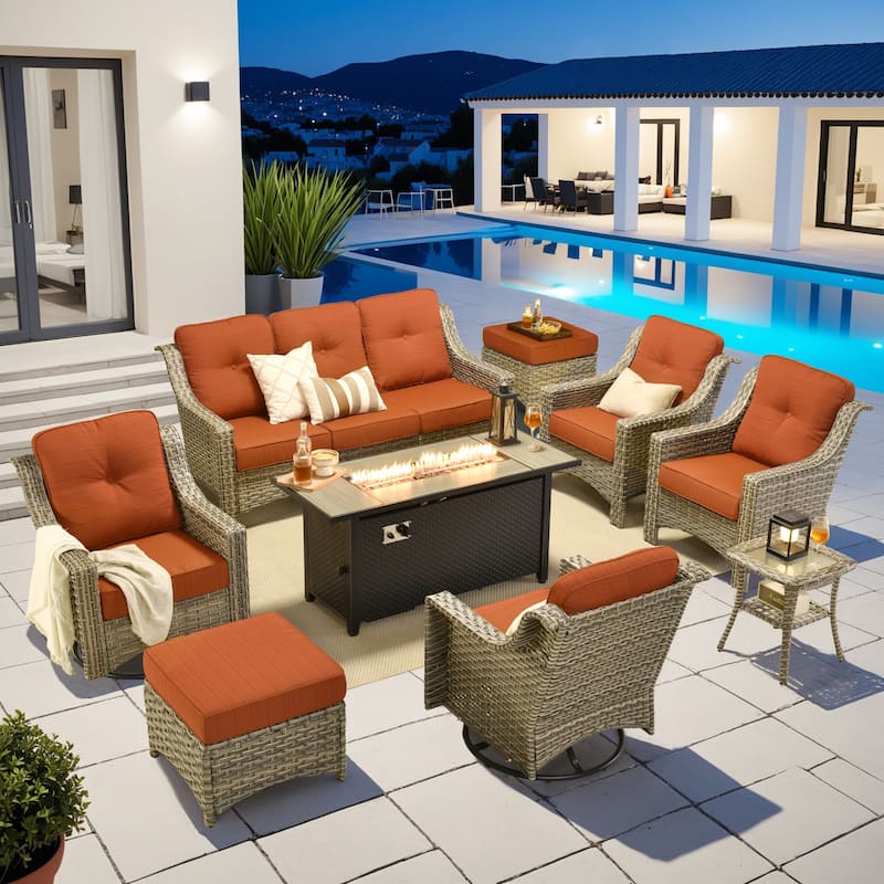 OVIOS 9 Pieces Outdoor Swivel Chairs Set with 54" Fire Table​ - Orange/Red
