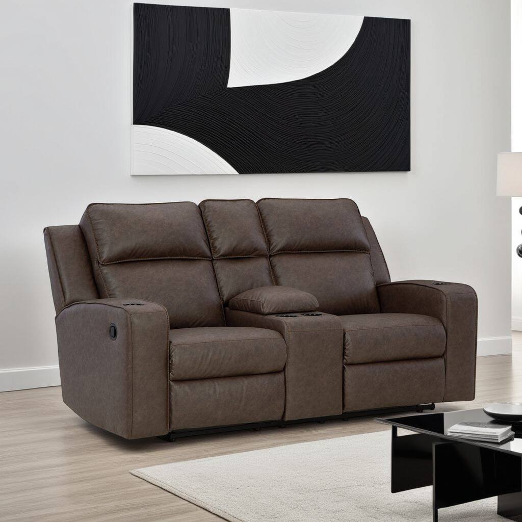 Livie Manual Recliner Loveseat, Console Brown Gray Faux Leather 77in