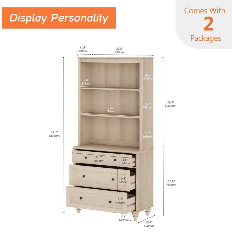 Light Beige Bookcase with Doors, Large Wood Farmhouse Book Case Shelf