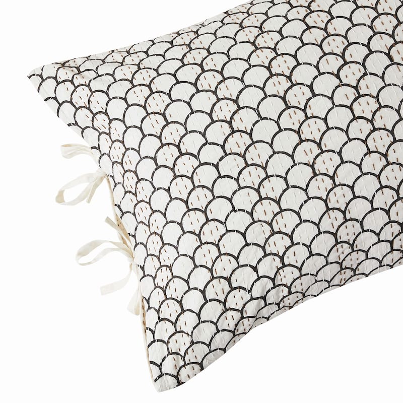 Melange Home Hand Stitched Scallop Block Print Kantha Coverlet and Shams