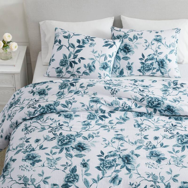 Martha Stewart Vivian Floral Blue Cotton Duvet Cover Set