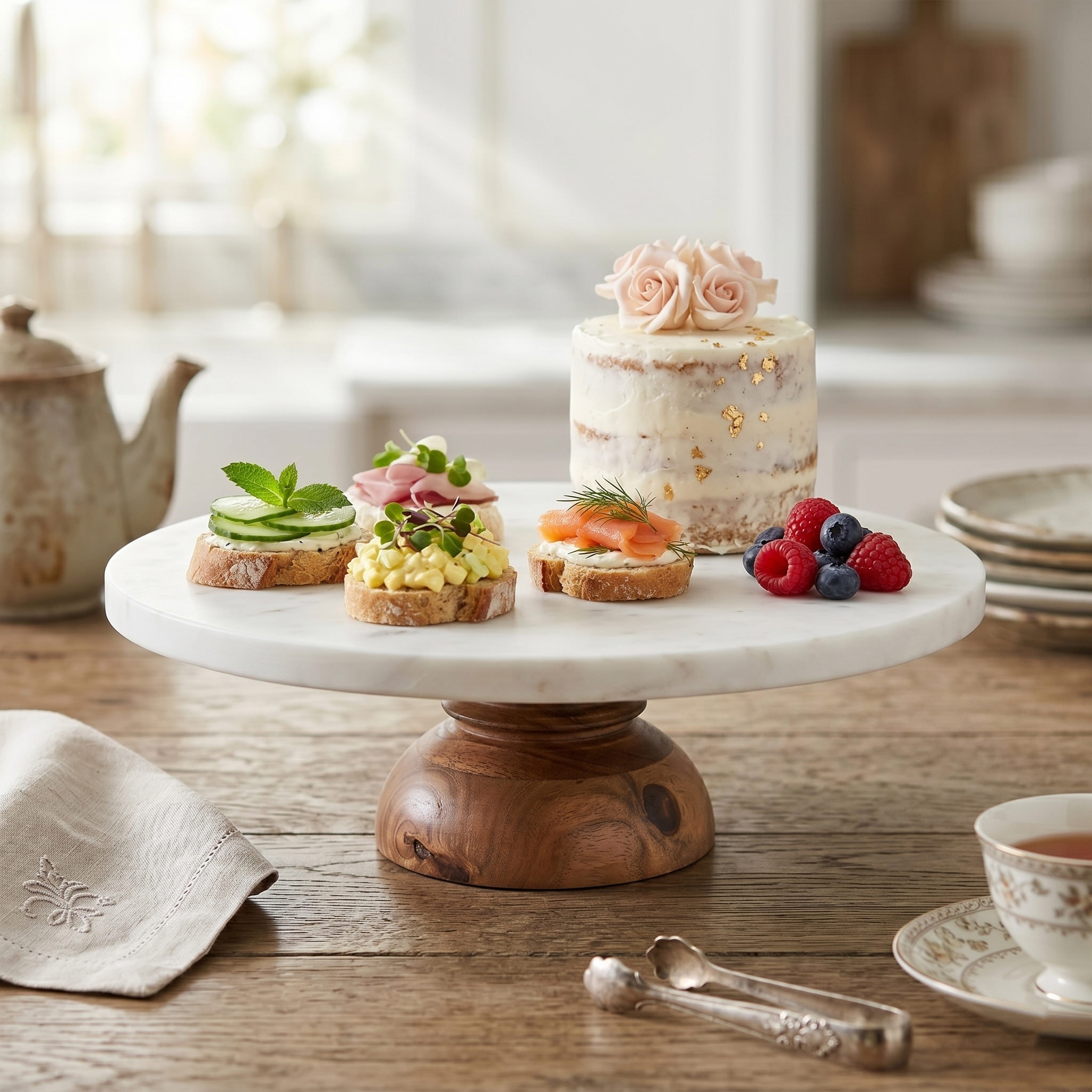 Dionysus - Decorative Marble Cake Stand with Wood Base - On Sale