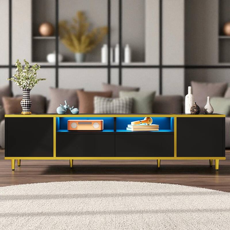 70.9" Modern TV Stand for TVs up to 80", LED Entertainment Center with 2 Cabinets, 2 Drawers, Shelves & Metal Legs - Black