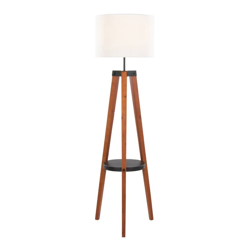 Carson Carrington Compass Tripod Floor Lamp with Shelf - Walnut Wood/Black Metal/White Linen