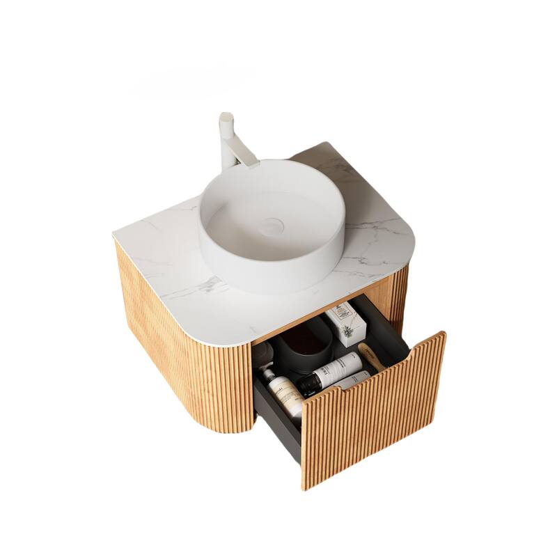 GDFStudio - Dina Modern 24" Floating Bathroom Vanity with Striped Curved Drawer & White Round Ceramic Basin, WITHOUT Faucet