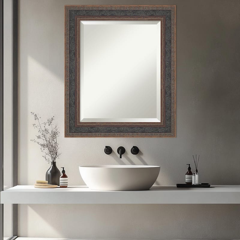 Attic Aged Beveled Wood Framed Bathroom Vanity Wall Mirror