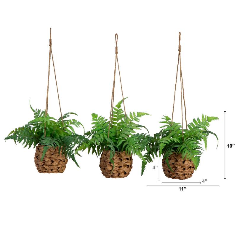 Boston Fern Artificial Hanging Plants with Wicker Basket - 11" - Green - Set of 3
