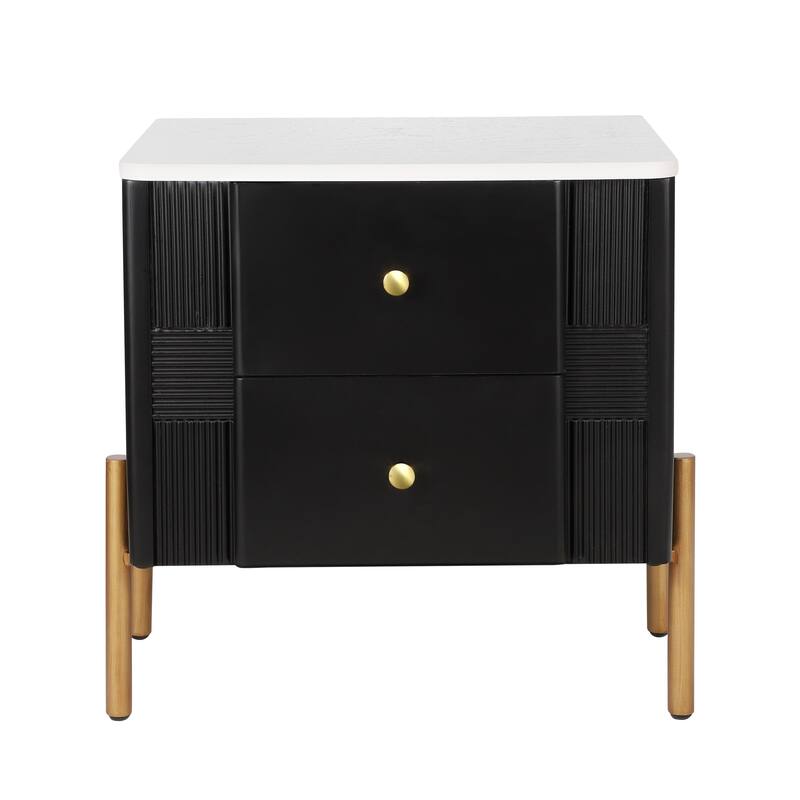 Contemporary Nightstand Featuring 2 Storage Drawers, Fluted Design with Gold-Tone Metal Handles and Legs, Versatile End Table