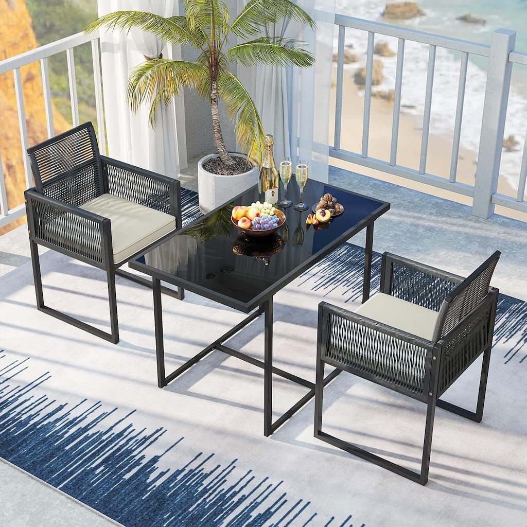 3 PCS Patio Dining Set Outdoor Space-Saving PE Wicker Bistro Set