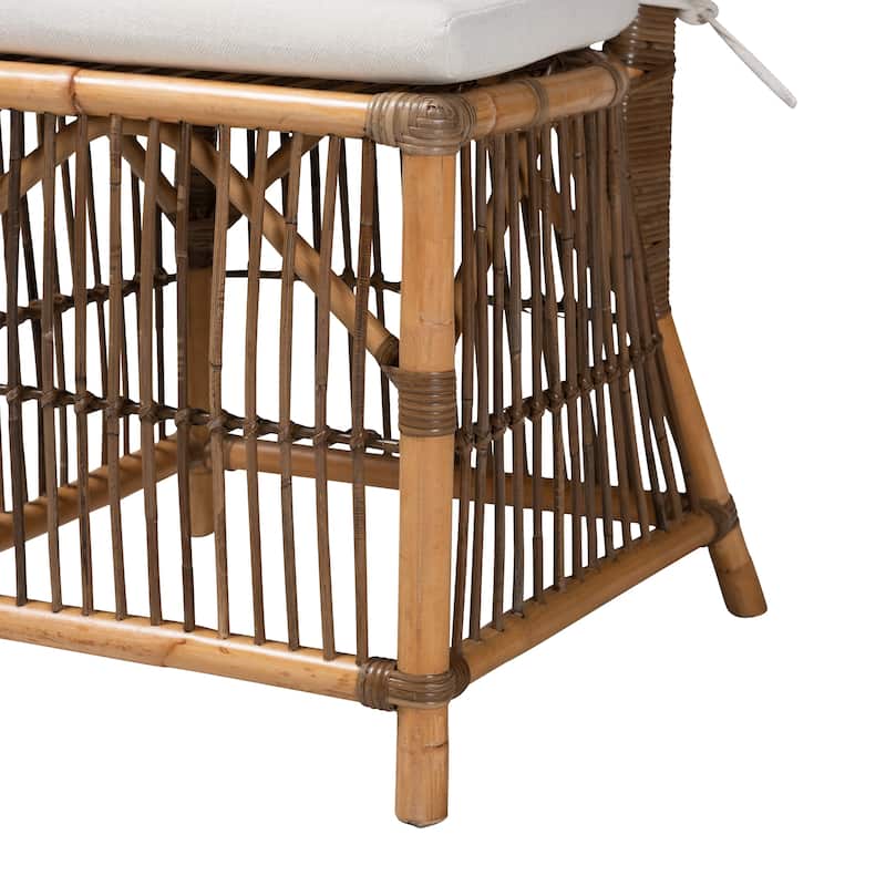 Kim Modern Bohemian White Fabric and Natural Brown Rattan Dining Chair