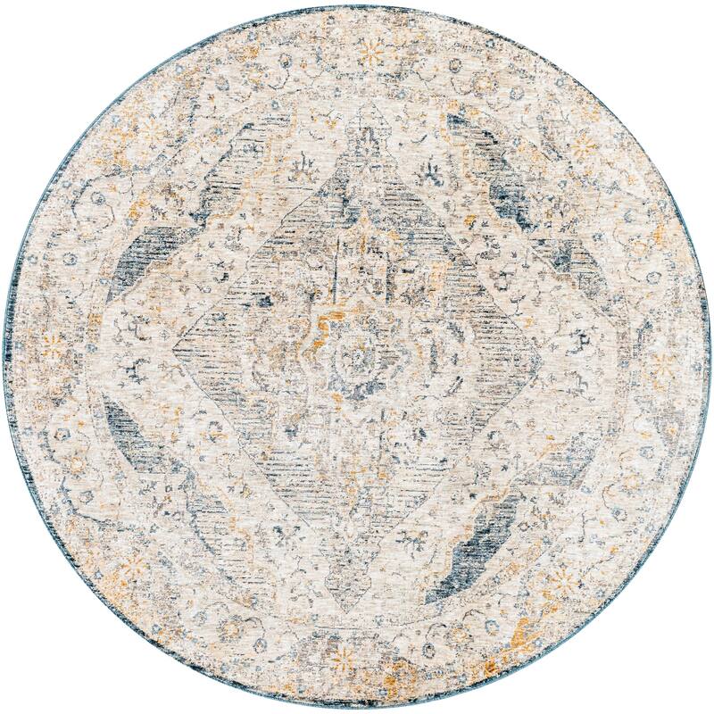 Livabliss Traditional Cardiff Medallion Area Rug - 5'3" x 5'3" Round - Grey/Blue