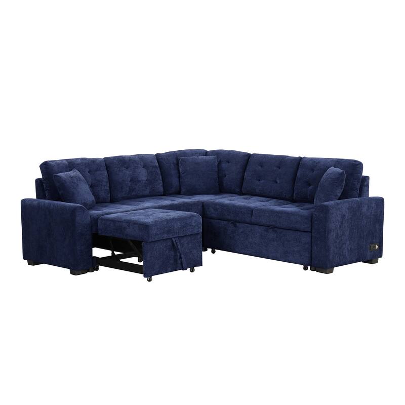 Navy Blue Sectional Sleeper Sofa with Pullout Sofa Bed & USB Ports