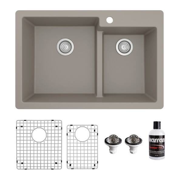 slide 2 of 62, Karran 33" Top Mount Large/Small Bowl Quartz Kitchen Sink Kit - 33" x 22" x 9" Concrete