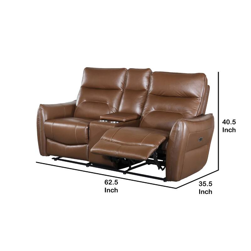 Teren Power Recliner Loveseat, 63 Inch, Brown Grain Leather, Cupholders