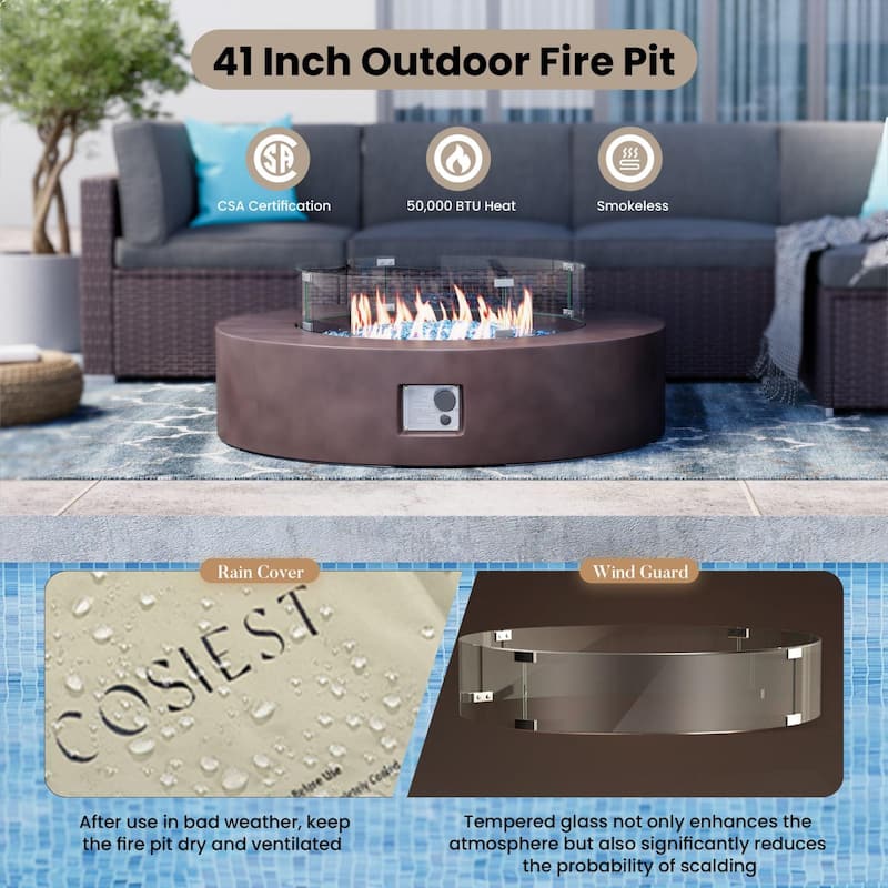 COSIEST 42'' Outdoor Round Propane Fire Pit w Wind Guard and Fire Glass