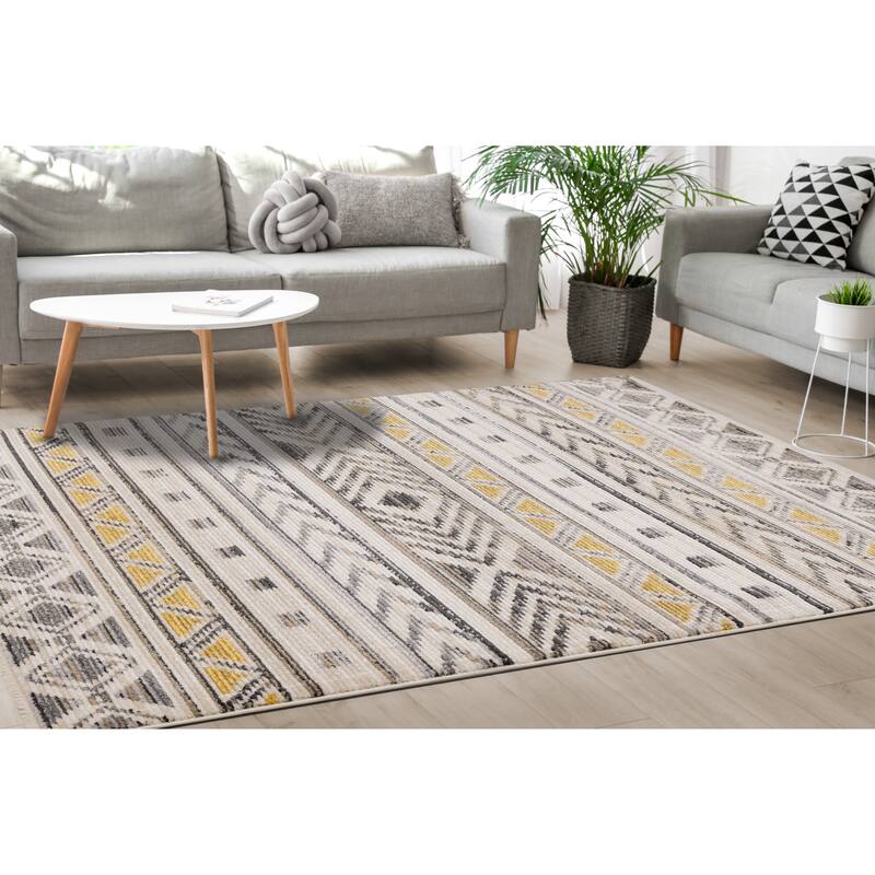 Cali Collection - Yellow/Grey/Cream Tribal Stripes Rug