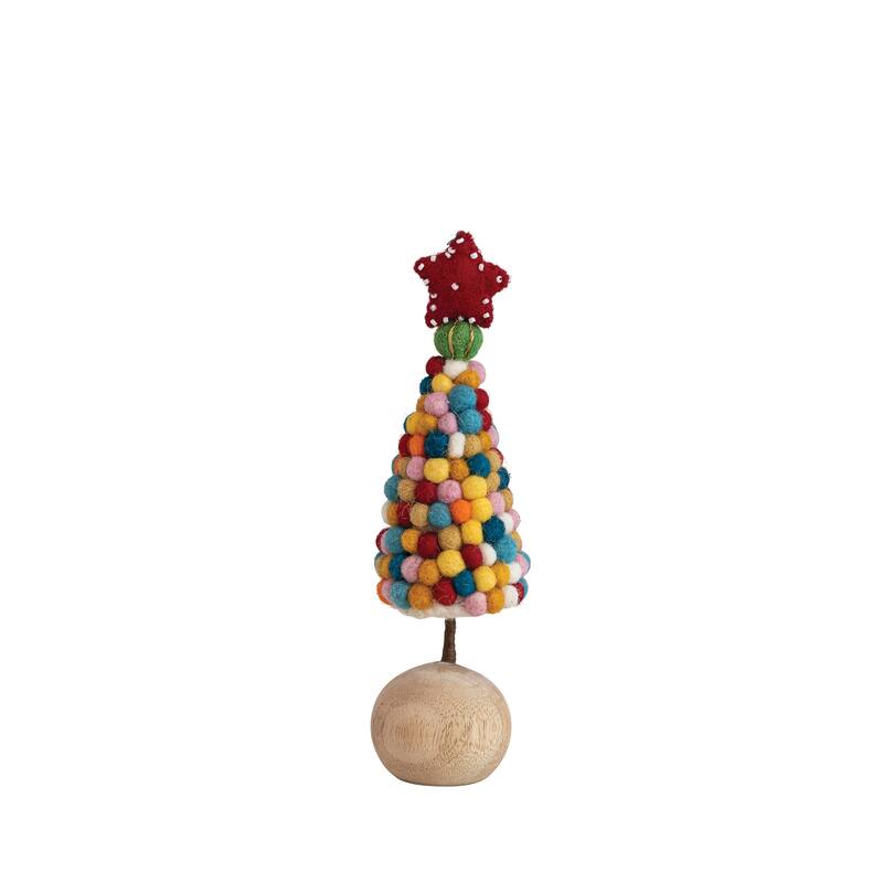 Handmade Wool Felt Pom Pom Tree with Star and Ball Base - 2.3"L x 2.3"W x 8.0"H - Multi - Wool