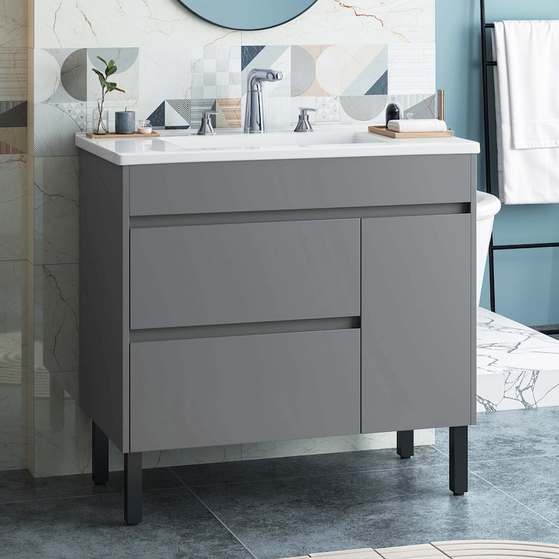 Moasis 37" Freestanding Single Bathroom Vanity with 1 Soft Closing Cabinet & 2 Drawers - Grey