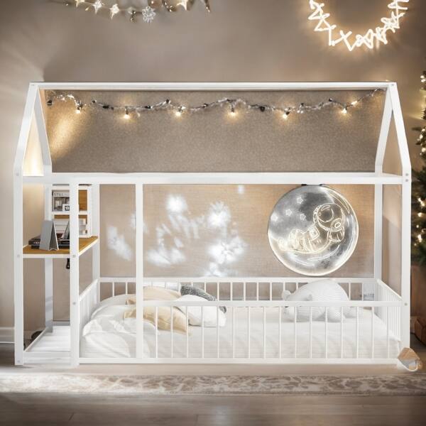 slide 2 of 38, Full Size Metal Bed with Desk, House Bed Frame with Shelves and USB Ports White