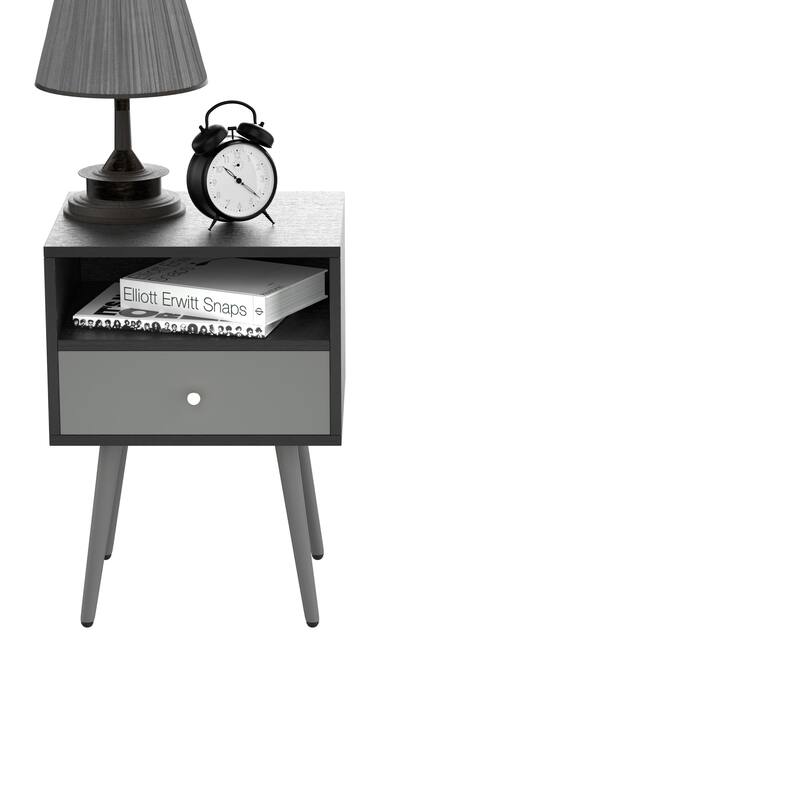 Modern Black Bedside Table with Solid Matte Steel Legs and Storage