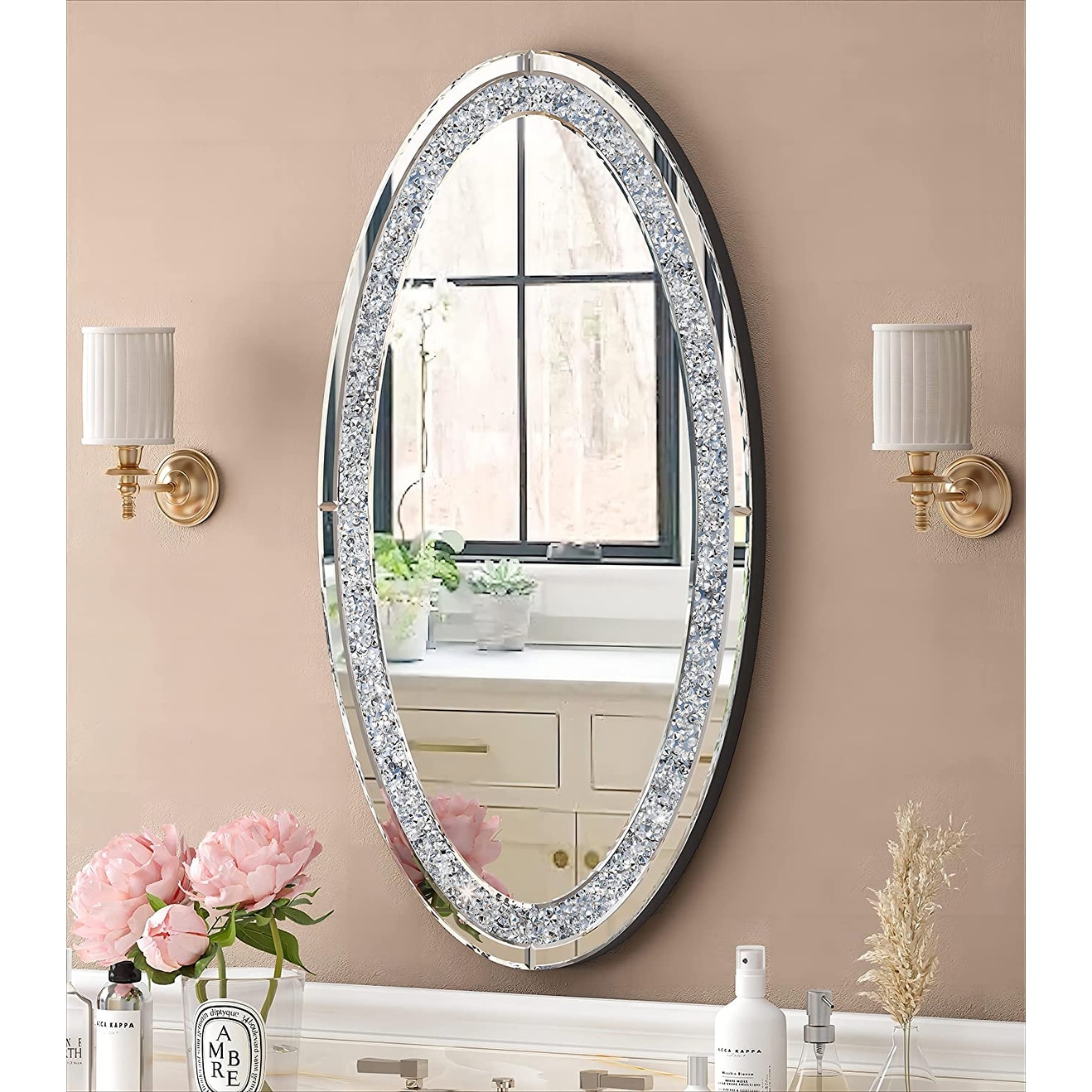 Sparkly Framed Oval Wall Mirror Diamond Silver-36