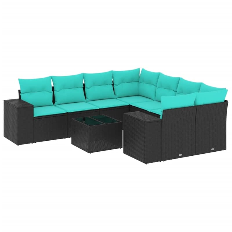 vidaXL 9 Piece Patio Sofa Set with Cushions Black Poly Rattan - 24.4" x 24.4" x 27.2"