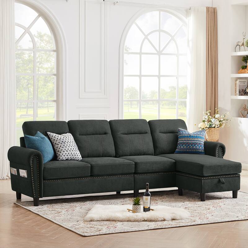 106.69" 4 Seater L Shaped Reversible Sectional Sofa with Side Storage Bags - Black