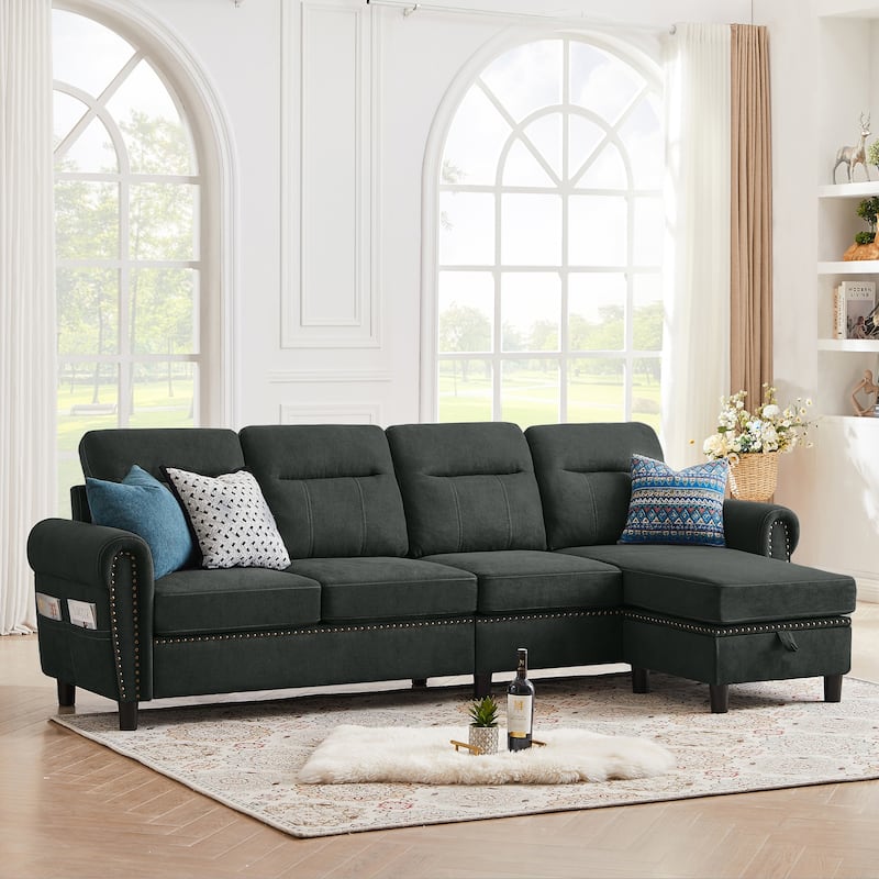4 Seater L Shaped Reversible Sectional Sofa with Storage Ottoman - Black