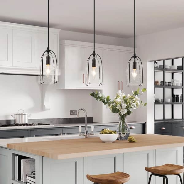 slide 2 of 8, Modern Farmhouse Mini Pendant 1-light Kitchen Lights Cage Seeded Coastal Glass Ceiling Lights - D5'' x H8.5'' D5'' x H8.5''