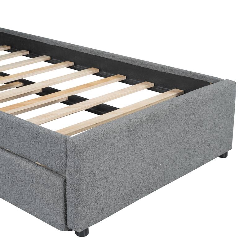 Twin Upholstered Platform Bed with Trundle, Soft Teddy Fleece, Stripe Headboard, and Smart LED Lights